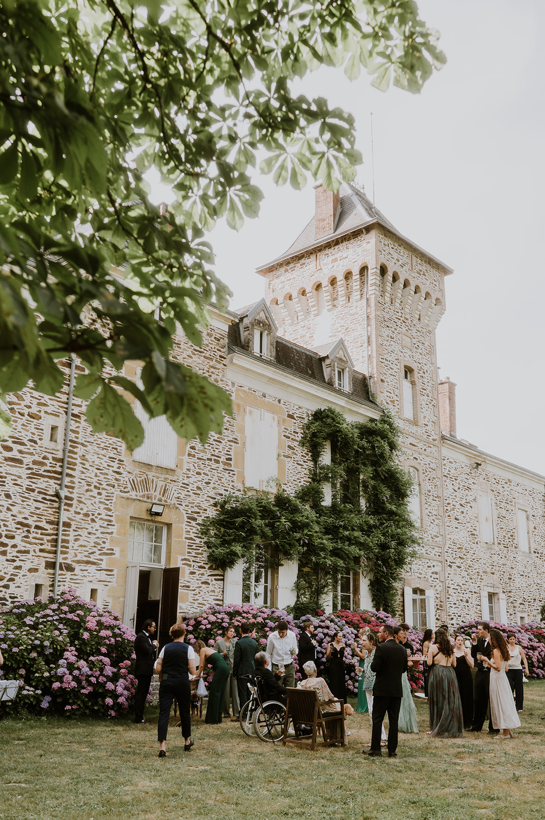 Guests gathered beside the château and hydrangeas during cocktail hour